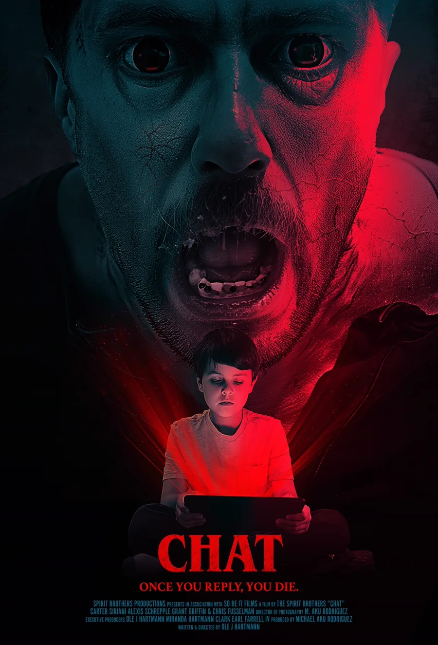 CHAT official theatrical poster — a demonic face looms over a boy lit red by a tablet. Once you reply, you die.